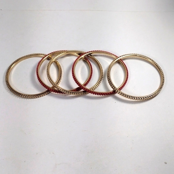 Women's Stunning Set of 5 Dainty Gold-tone & Red Colors Bangle Bracelets - Picture 7 of 8